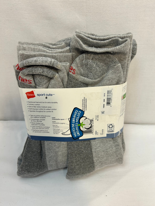 6 Pair Sport Crew Socks, Terry Cushion, Grey, Size 6-12, NEW