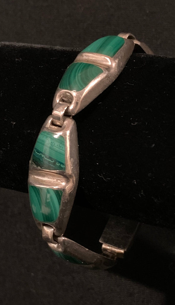 Vintage Mexico 950 Silver, Malachite Link Panel Bracelet
