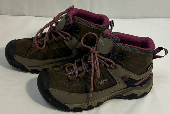 Ladies Hiking Boots, Green/Brown, Pink Trim, Size 7