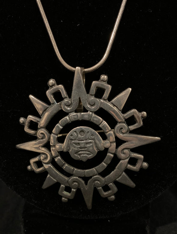 Mexican Silver Aztec Calendar Pendant/Pin with 925 Silver Chain