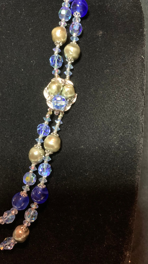 Signed Sherman, art glass, pearls and Swarovski bead necklace and clip-on earrings