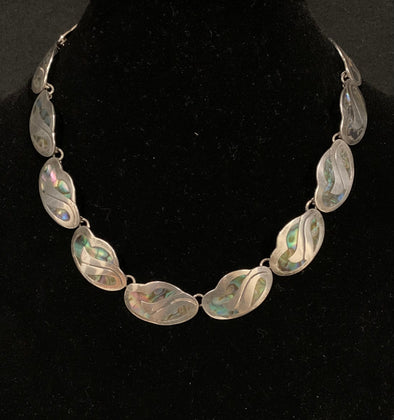 Signed, Mexican Silver and Inlaid Abalone Shell Necklace