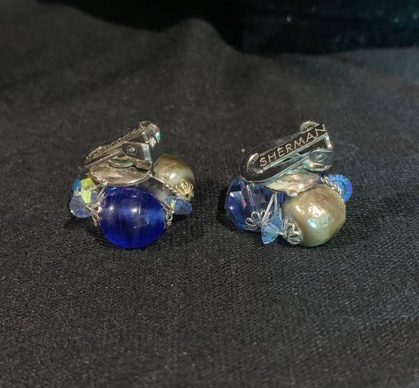 Signed Sherman, art glass, pearls and Swarovski bead necklace and clip-on earrings