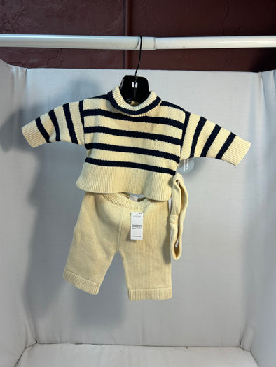 3-Piece Infant Girls Set,Ecru/Navy Stripe, Size 3 Months, Pants, Sweater, Hat, New. great Gift