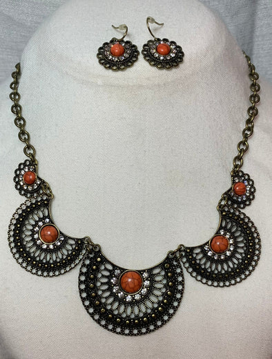 White Rhinestone and Coral Coloured Bead Necklace and Earrings