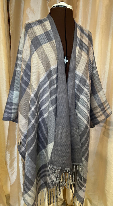Reversible V-Neck Wrap, Button at Sleeve, Grey/Grey Plaid O/S