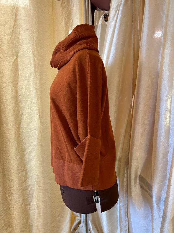 Cowl Neck 3/4 Roll-Up Sleeves Sweater, Rust, Medium