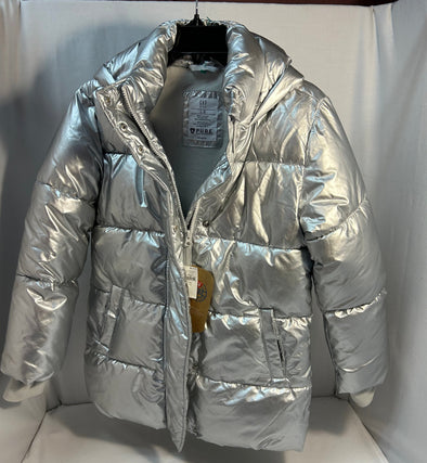 Girl's Winter Quilted Long Puffer Jacket, Size 10/12, Silver, NEW