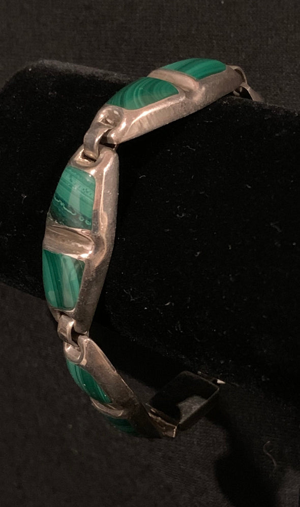 Vintage Mexico 950 Silver, Malachite Link Panel Bracelet
