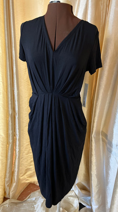 Short Sleeve V-Neck Dress, Belt Tie, Black, Size Small, NEW