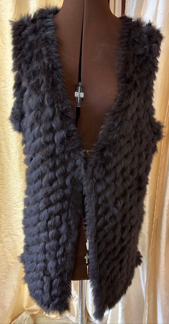 V-Neck sleeveless Fur Vest, Brown, M/L