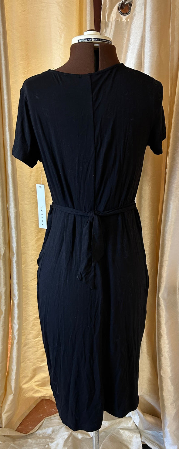 Short Sleeve V-Neck Dress, Belt Tie, Black, Size Small, NEW