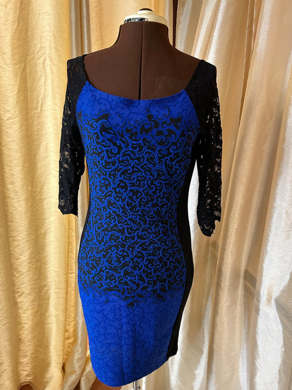 Ladies Canadian Designed Dress, Cobalt Blue & Black Lace, Size 8