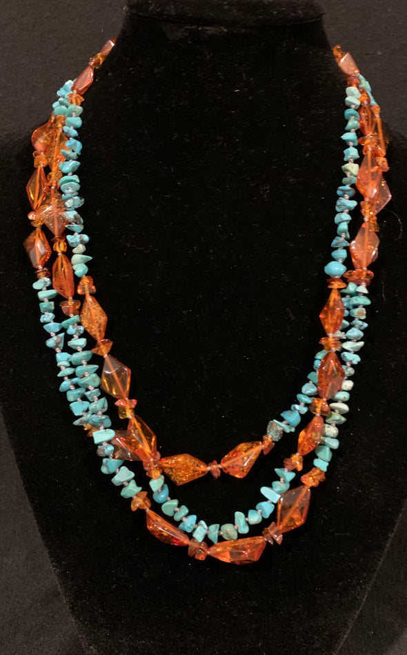 Amber and Turquoise Triple Strand Necklace