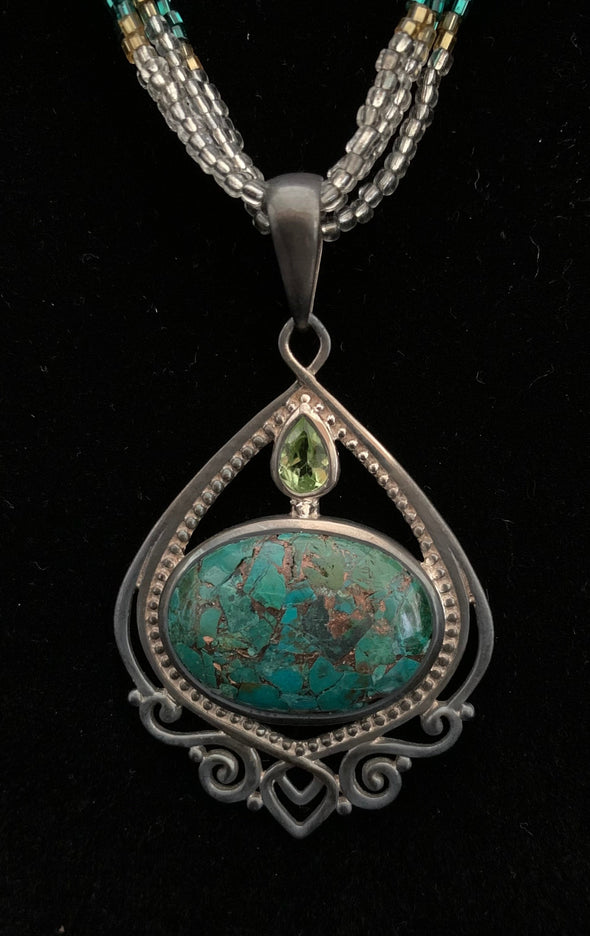 Chrysocolla and Peridot Pendant and Earrings (pierced) Himalayan Gems, Nepal