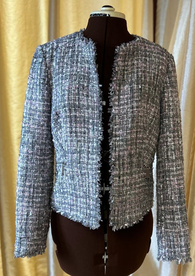 Long Sleeve Tweed Sequin Inlaid Jacket, Pink/Grey, Siz 6