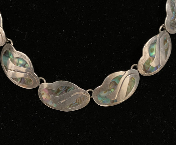 Signed, Mexican Silver and Inlaid Abalone Shell Necklace