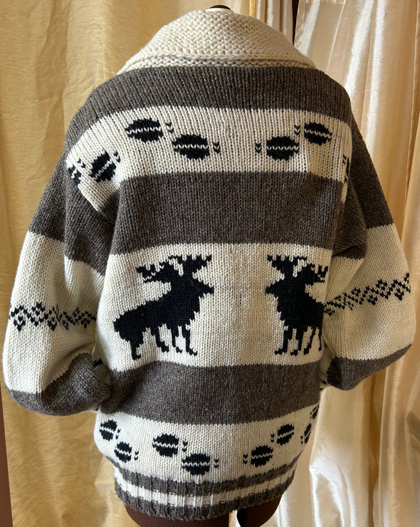 Unisex Long Sleeve Hand Made Knit Sweater, Moose Pattern, M