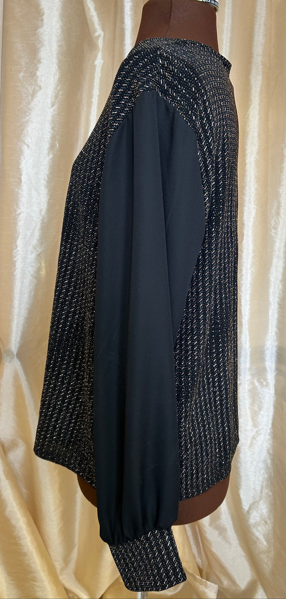 Ladies Long Sleeve Metallic Blouse, Black/Gold, 2XL, NEW