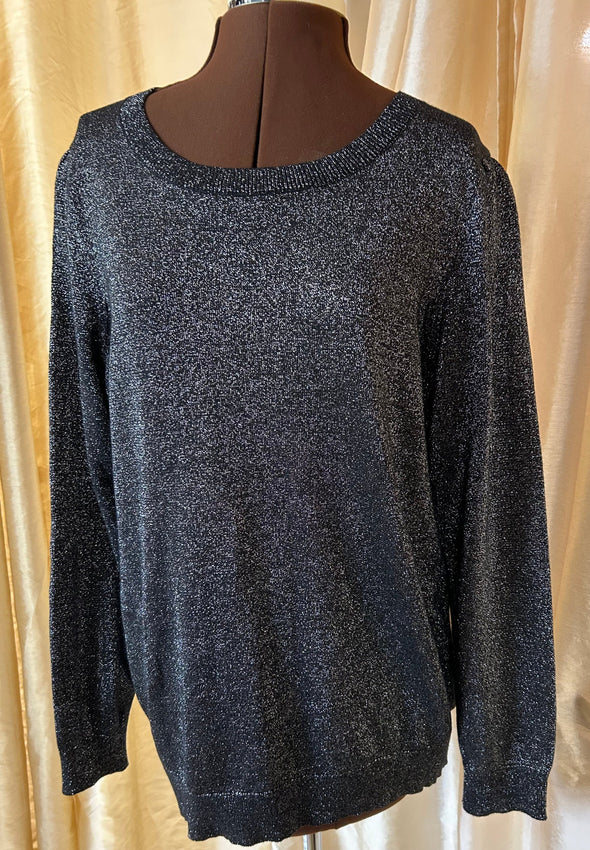 Ladies Black Metallic Long Sleeve Pullover. Ribbed Sleeves and Hemline. Size 2XL.  Great Holiday Wear.