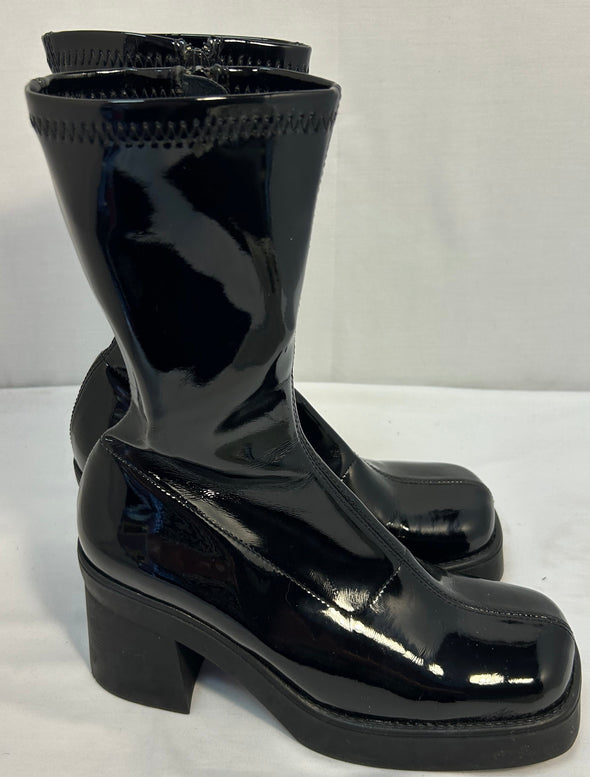 Ladies Patent Leather Boots, Black, Size 40, 2.5” Heels,