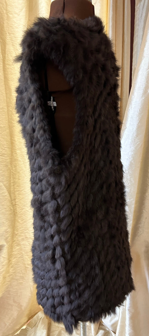 V-Neck sleeveless Fur Vest, Brown, M/L