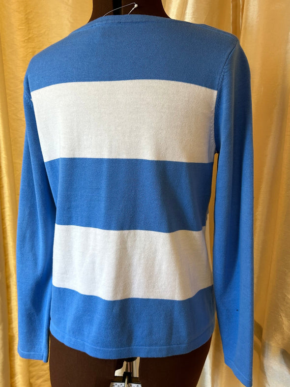 Ladies Long Sleeve Sweater, Blue/White, Size Small, 100% Cotton