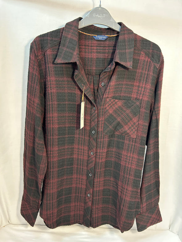 Ladies Long Sleeve Blouse, Dark Burgundy Plaid, Size Small