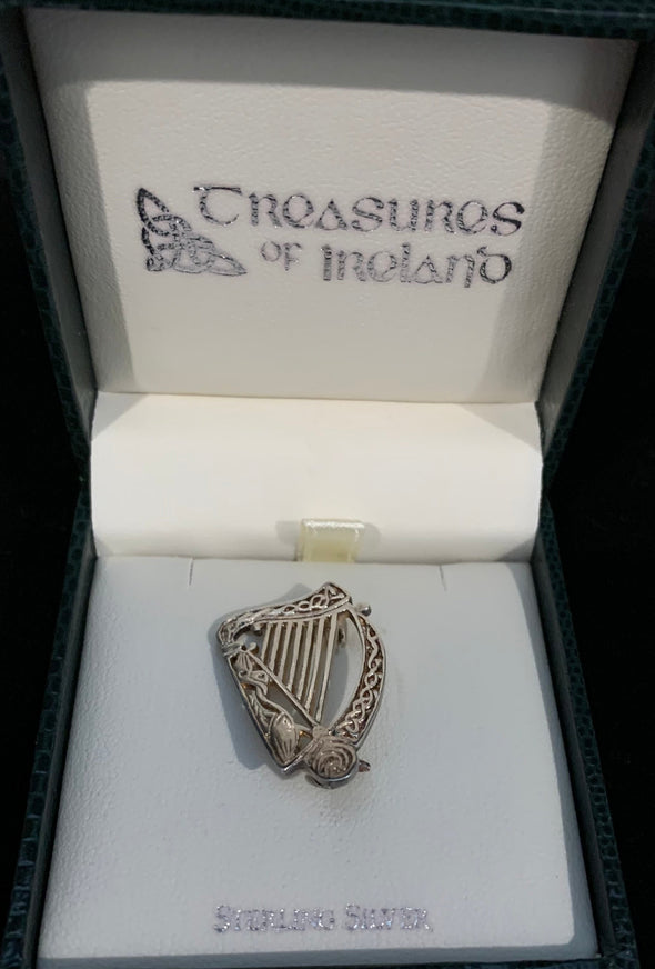 Vintage Irish Harp Sterling Silver Brooch in original box