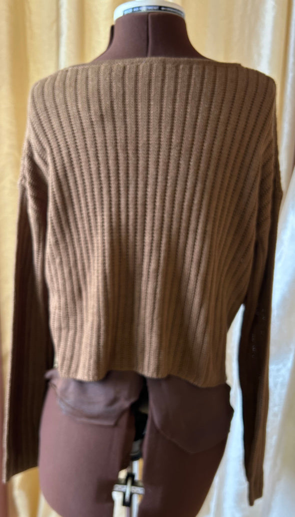 Ladies Long Sleeve V-Neck Sweater, Brown, Size Small, NEW