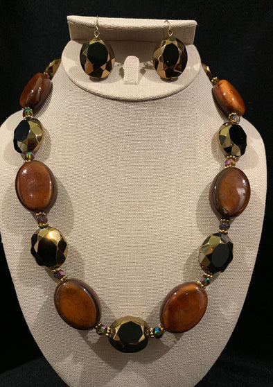 Brown Tone Bead Necklace and Earrings