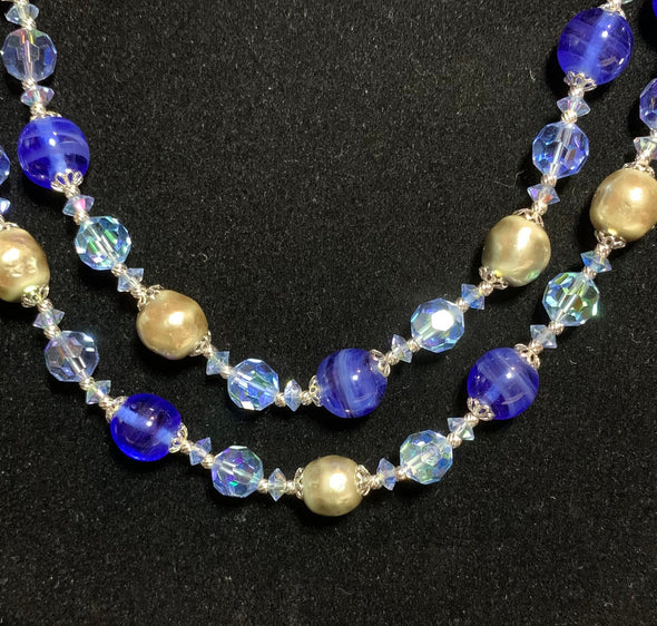 Signed Sherman, art glass, pearls and Swarovski bead necklace and clip-on earrings