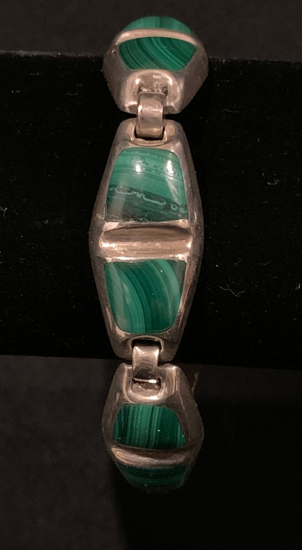 Vintage Mexico 950 Silver, Malachite Link Panel Bracelet