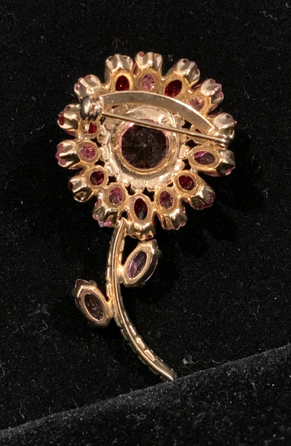 Vintage Costume (1950's) Pink Rhinestone Flower Brooch