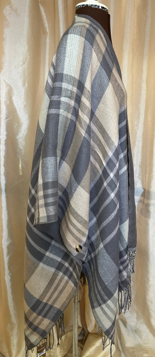 Reversible V-Neck Wrap, Button at Sleeve, Grey/Grey Plaid O/S