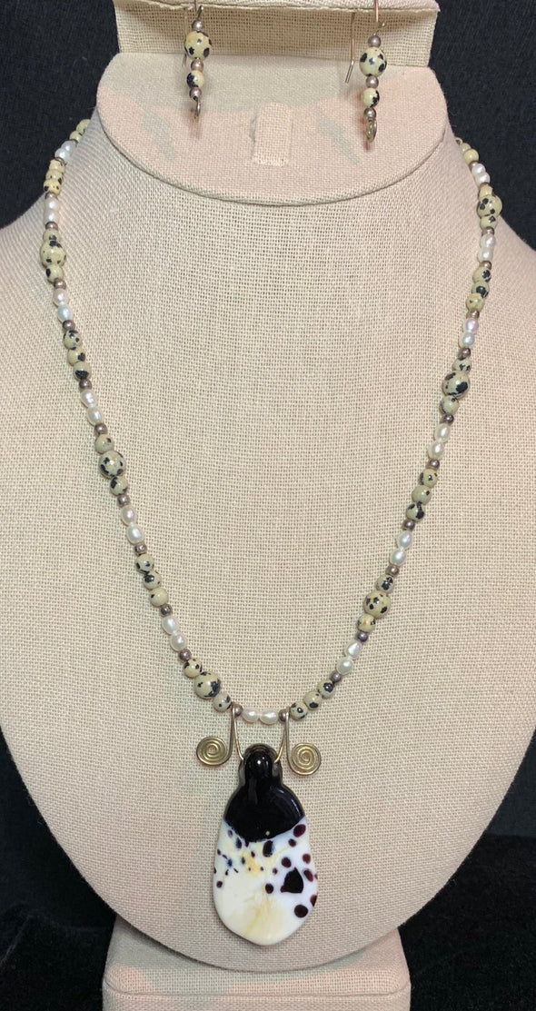 Jasper, Pearl and Glass Necklace and Earrings