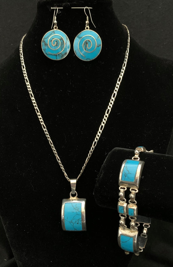 Vintage Mexican 925 Silver Turquoise Pendant, Bracelet and Earrings