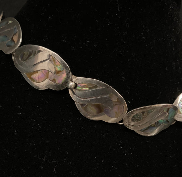 Signed, Mexican Silver and Inlaid Abalone Shell Necklace