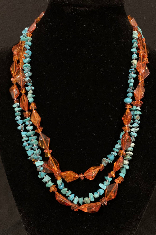 Amber and Turquoise Triple Strand Necklace