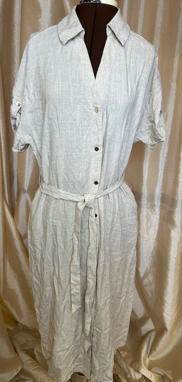 Short Sleeve V-Neck Button Front Dress, Beige, NEW