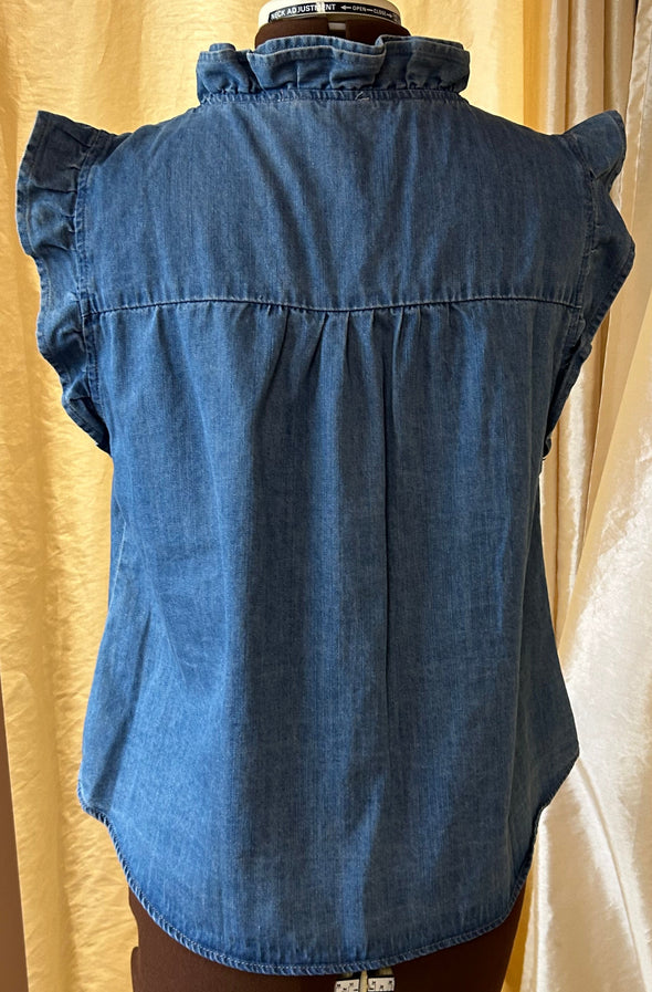 Ladies Cap Sleeve Blouse, Denim, Blue, Size Large, NEW