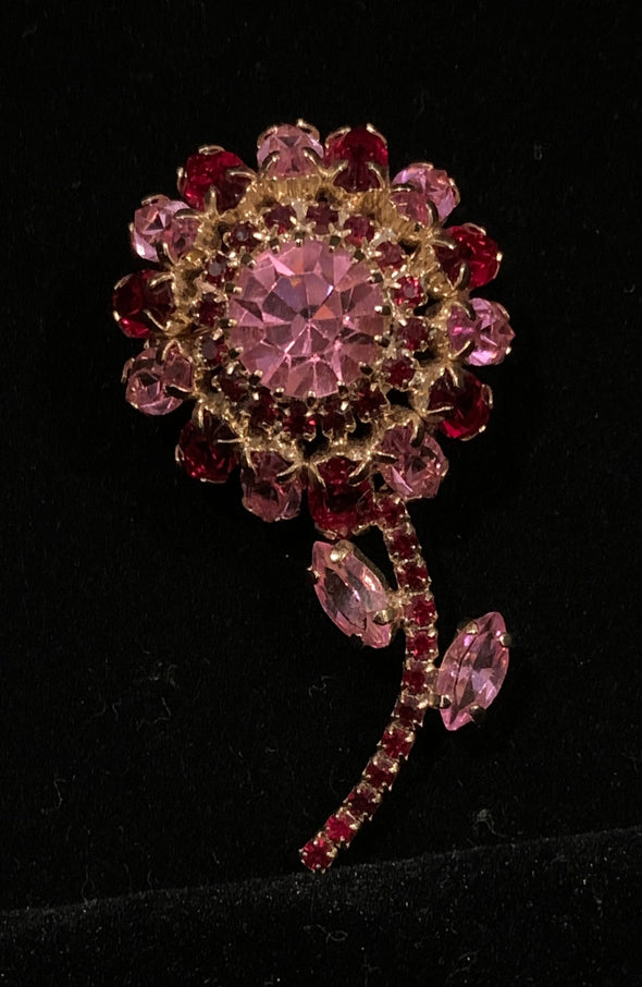Vintage Costume (1950's) Pink Rhinestone Flower Brooch