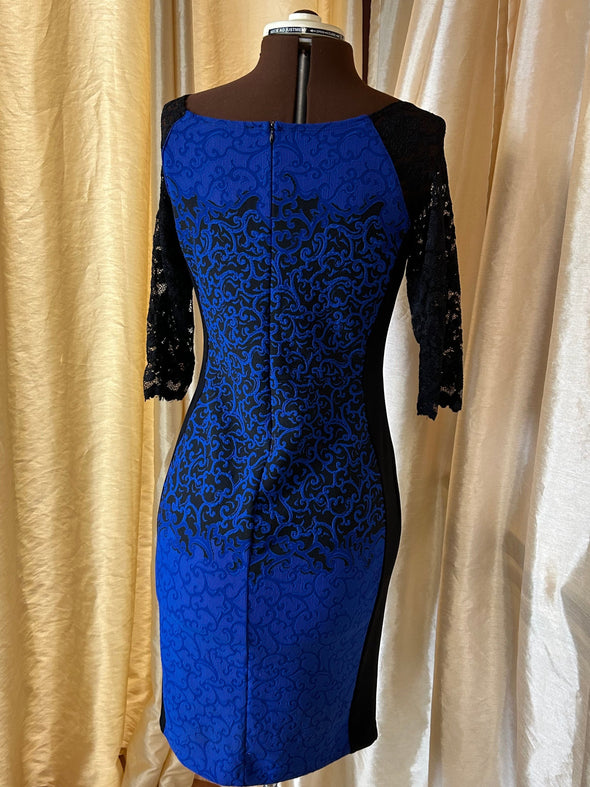 Ladies Canadian Designed Dress, Cobalt Blue & Black Lace, Size 8