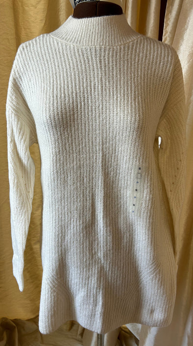 Long Sleeve Mock Turtle Neck Tunic Sweater, Cream, Size Small