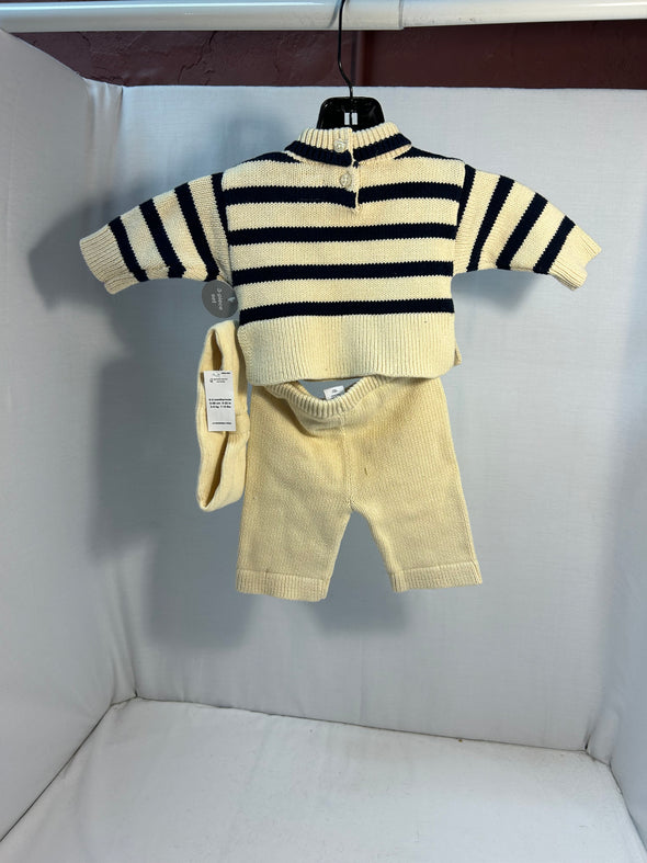 3-Piece Infant Girls Set,Ecru/Navy Stripe, Size 3 Months, Pants, Sweater, Hat, New. great Gift