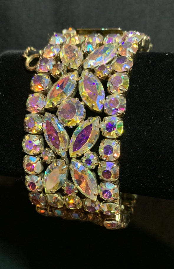 Vintage (1950's) signed Sherman cuff bracelet, Aurora Borealis