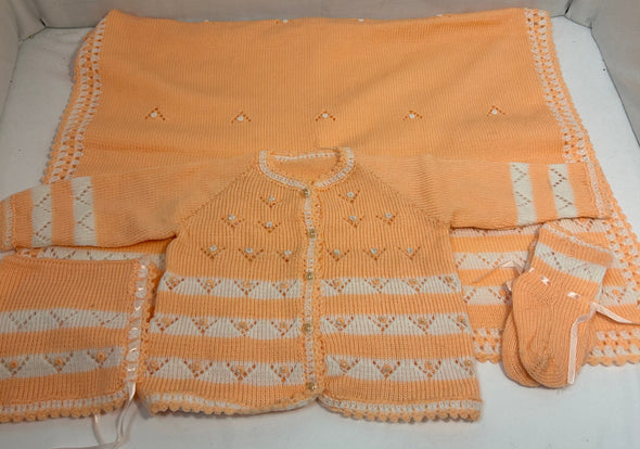 4 Piece Infant Handmade Layette Set, Peach, 3 Months
