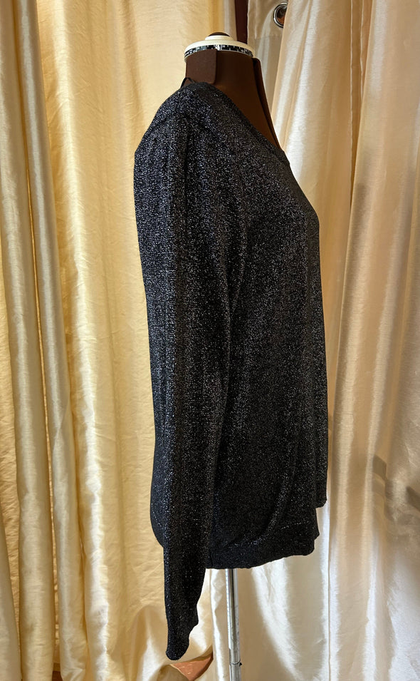 Ladies Black Metallic Long Sleeve Pullover. Ribbed Sleeves and Hemline. Size 2XL.  Great Holiday Wear.