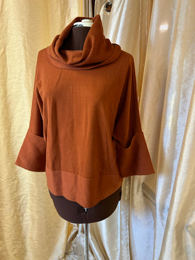 Cowl Neck 3/4 Roll-Up Sleeves Sweater, Rust, Medium