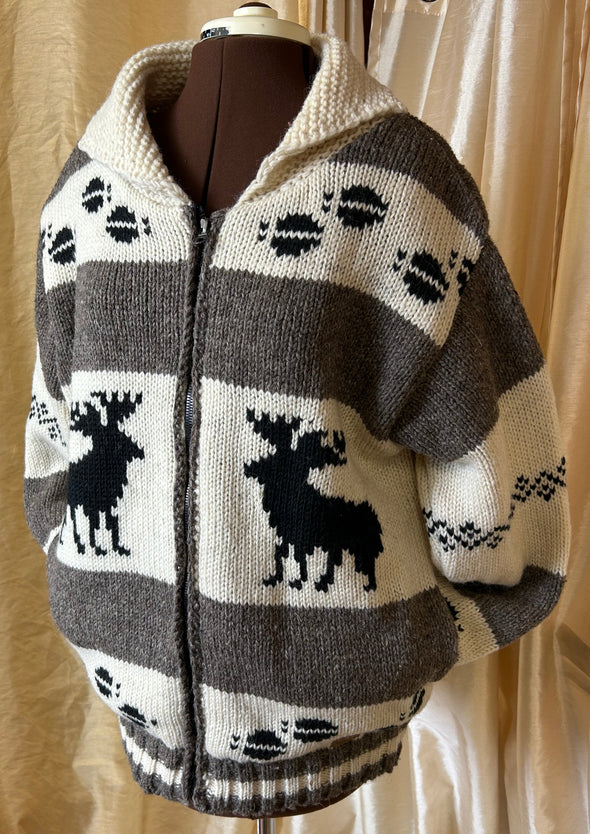 Unisex Long Sleeve Hand Made Knit Sweater, Moose Pattern, M